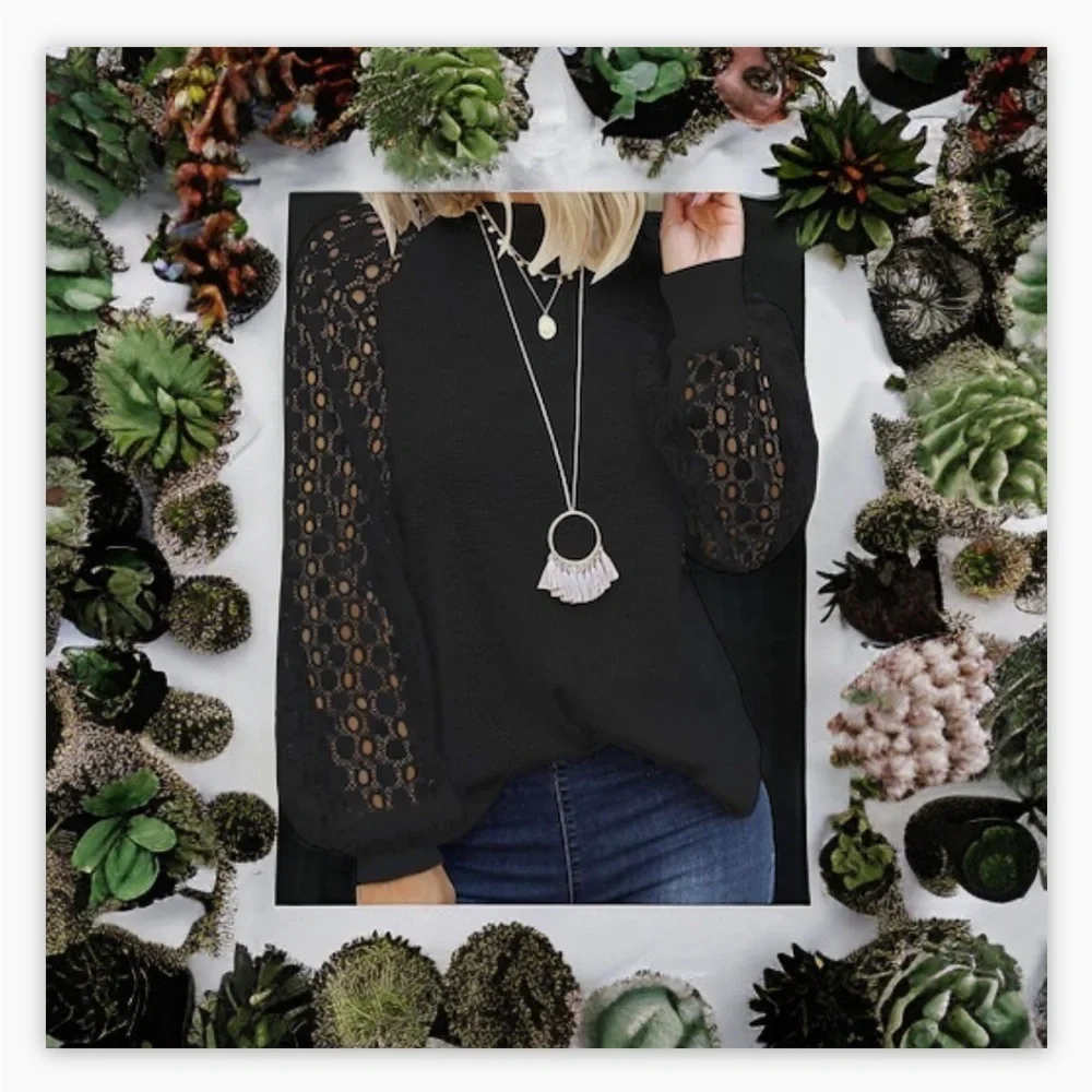 Micro star Women’s Black Lace-Crochet Detail on Sleeve Top -Sz Sm-NWOT🖤☀️ - Picture 8 of 10